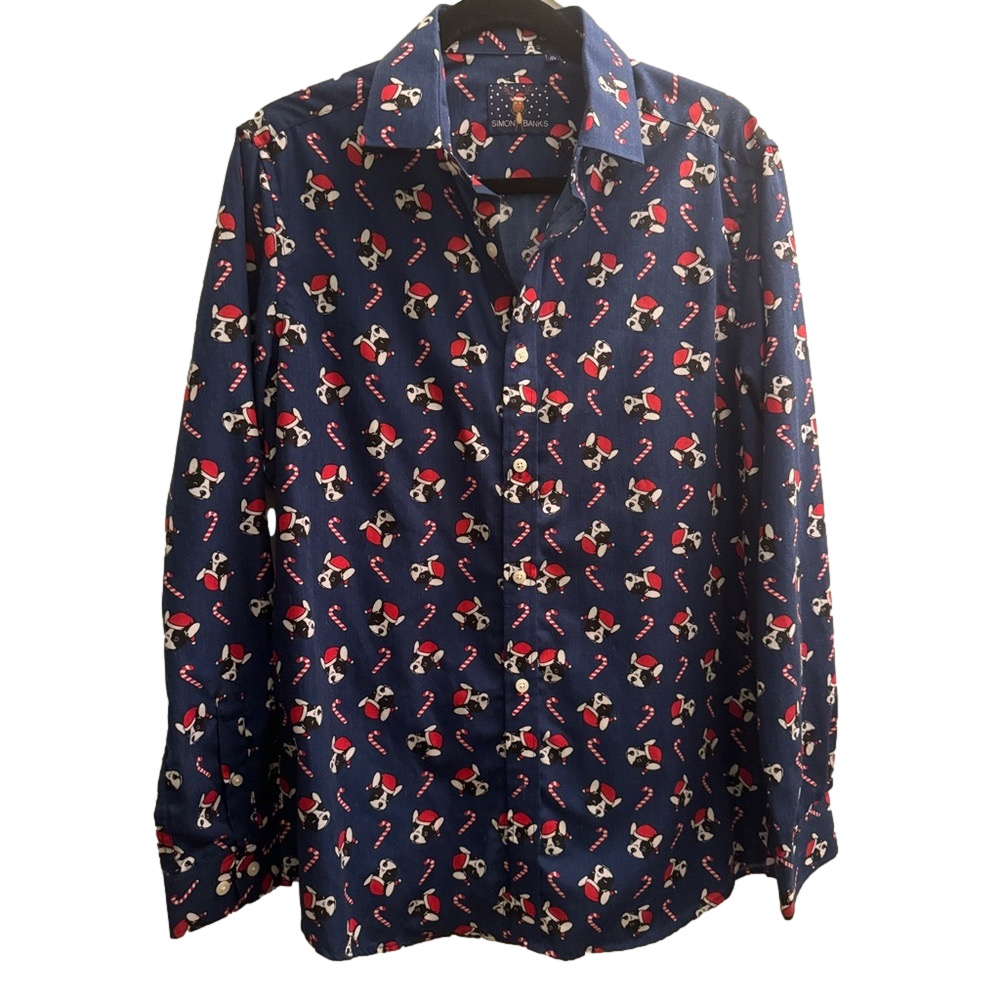 Simon Banks Terrier Dog Christmas Holiday Button Up Shirt 15.5 Size M
